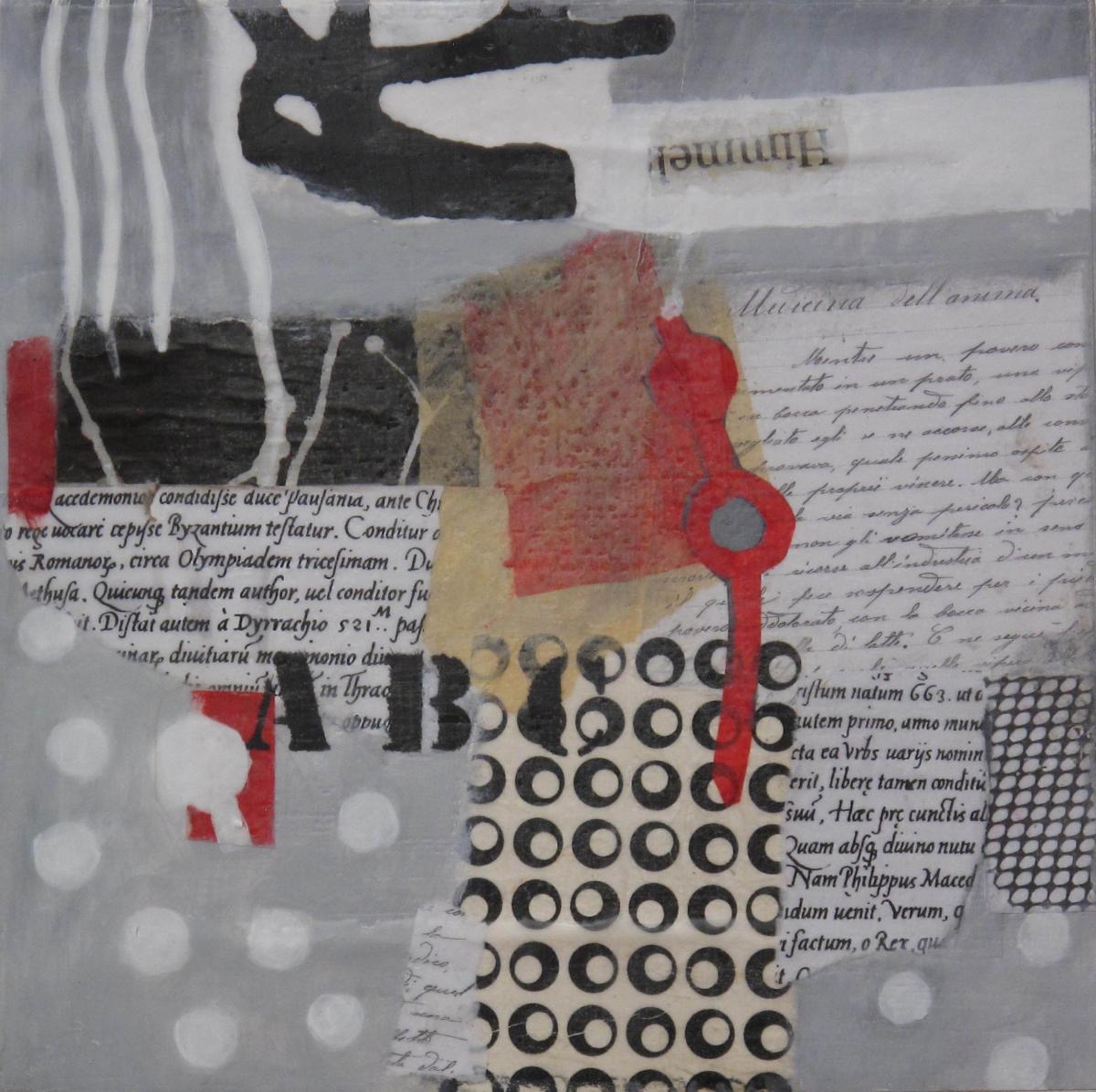 Grafisches VI, 2013, Acryl, Collage, Wachs auf Leinwand, 30 x 30 cm